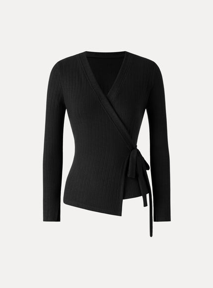 MaxWarm Wide Ribbed Crossover Long Sleeve Tie-Waist Top