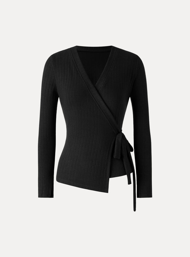 MaxWarm Wide Ribbed Crossover Long Sleeve Tie-Waist Top