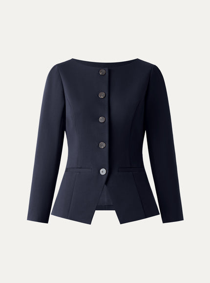 Ponte Office Round Neck Long Sleeve Jacket with Pockets