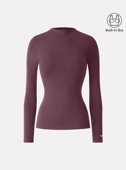 Mockneck Long Sleeve Built-In Bra Top - Forest Night