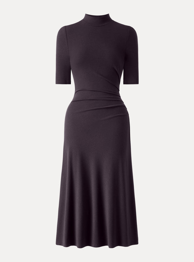 Cotton Blend Mock Neck Elbow Sleeve Tucked A-Line Midi Dress