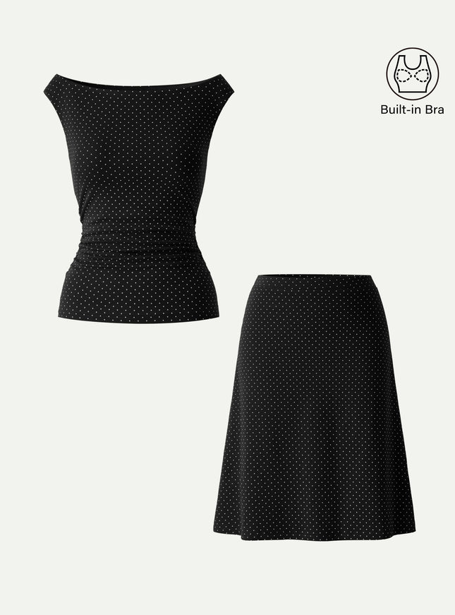 2Pcs Set Polka Dot Boatneck Built-In Bra & A-Line Flare Skirt Limited Edition