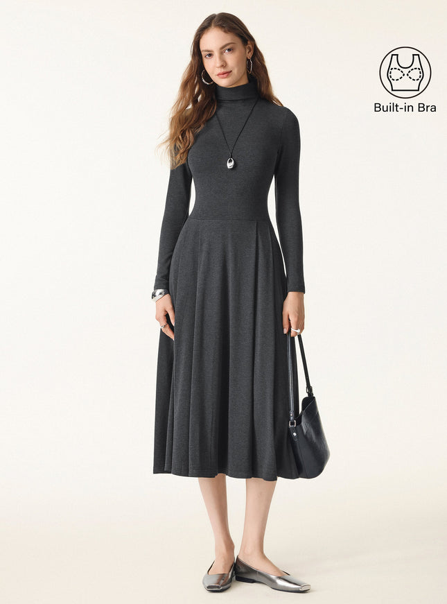 Mockneck Pleated Midi Built-In Bra Dress with Pockets