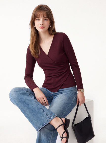 Surplice Long Sleeve Asymmetrical Hem Top