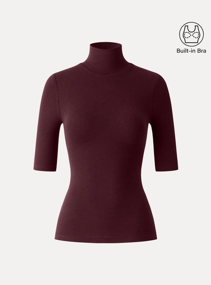 Essential Turtleneck Elbow Length Sleeve Built-In Bra Top - Midnight Navy