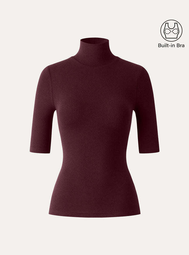 Essential Turtleneck Elbow Length Sleeve Built-In Bra Top - Midnight Navy