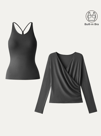 Two-Piece Set Cami with Surplice Ruched Built-In Bra Top