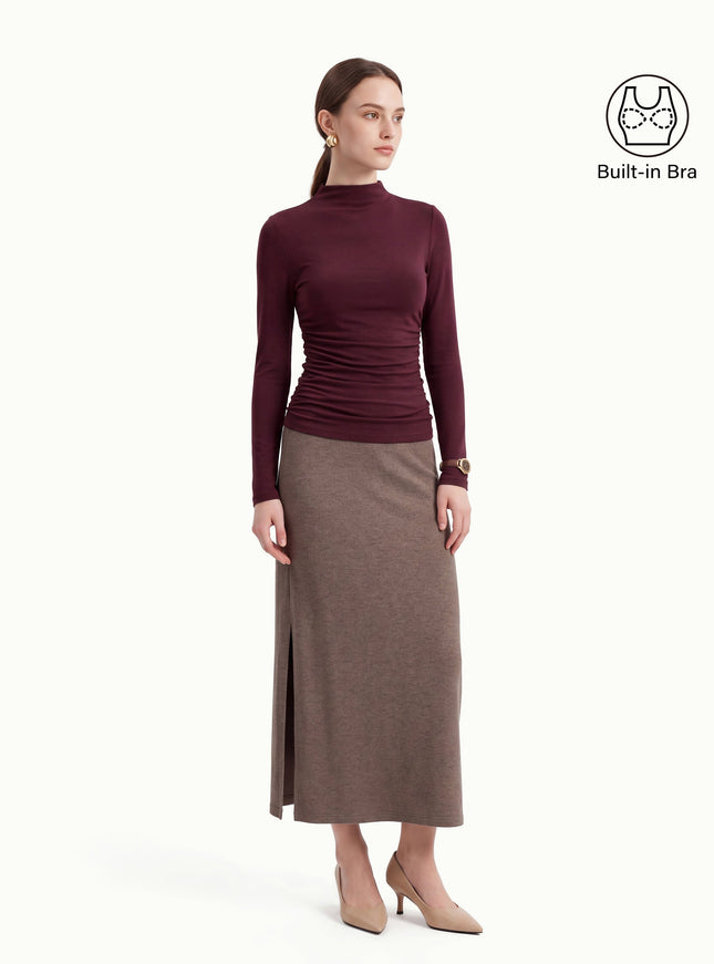 Mock Neck Long Sleeve Ruched Built-In Bra Top
