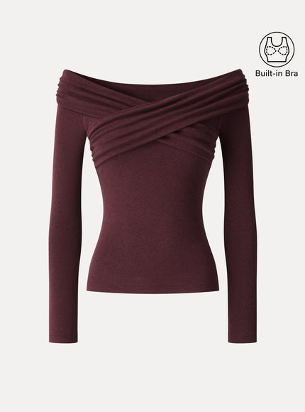 Surplice Long Sleeve Ruched Built-In Bra Top