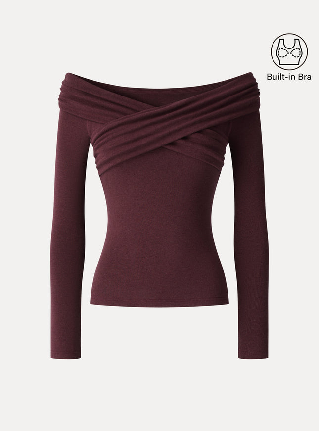 Surplice Long Sleeve Ruched Built-In Bra Top