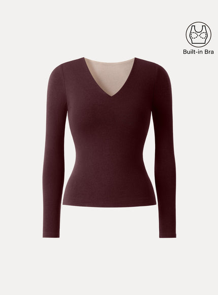 V-Neck Long Sleeve Built-In Bra Top