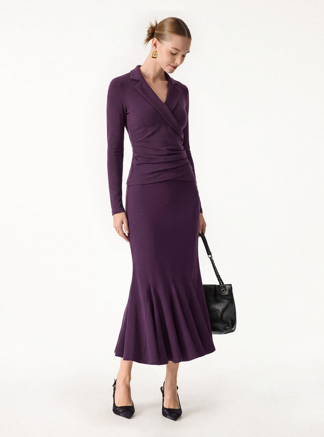 2Pcs Set Collared Surplice Top & High-Rise Mermaid Midi Skirt