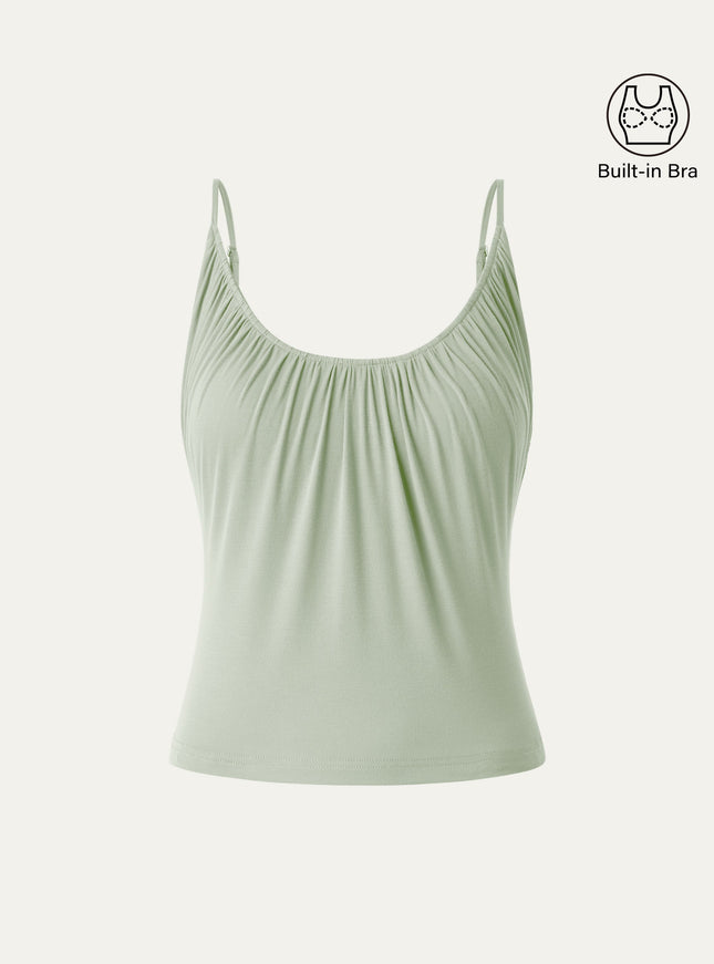 Scoop Neck Gathered Spaghetti Built-In Bra Tank