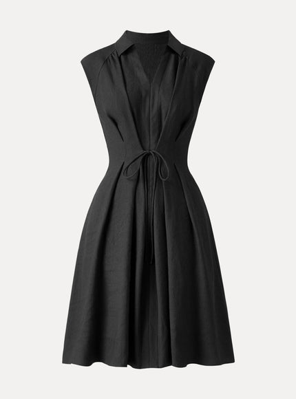 Viscose-Linen Collared V-neck Midi Dress with Drawstring