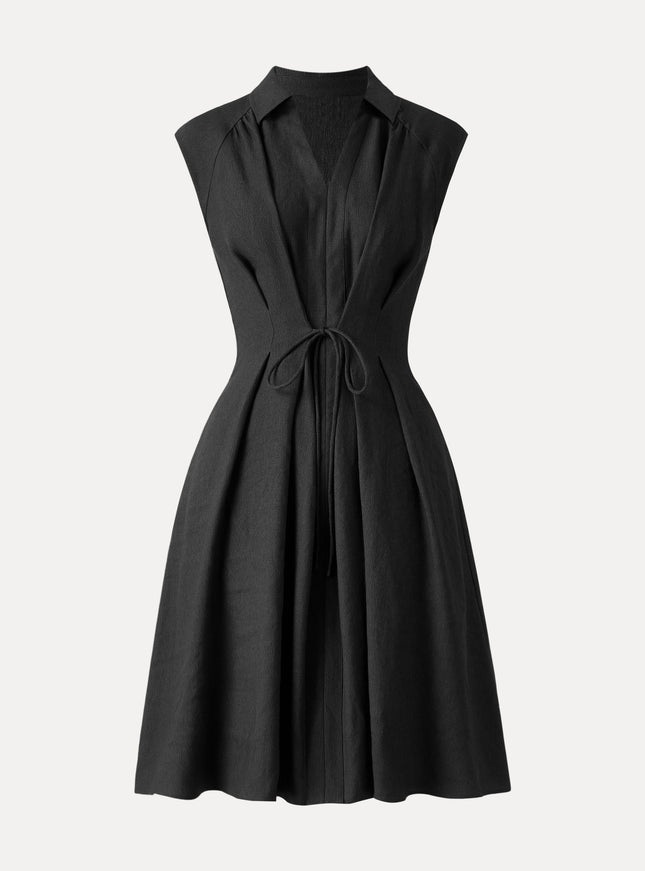 Viscose-Linen Collared V-neck Midi Dress with Drawstring
