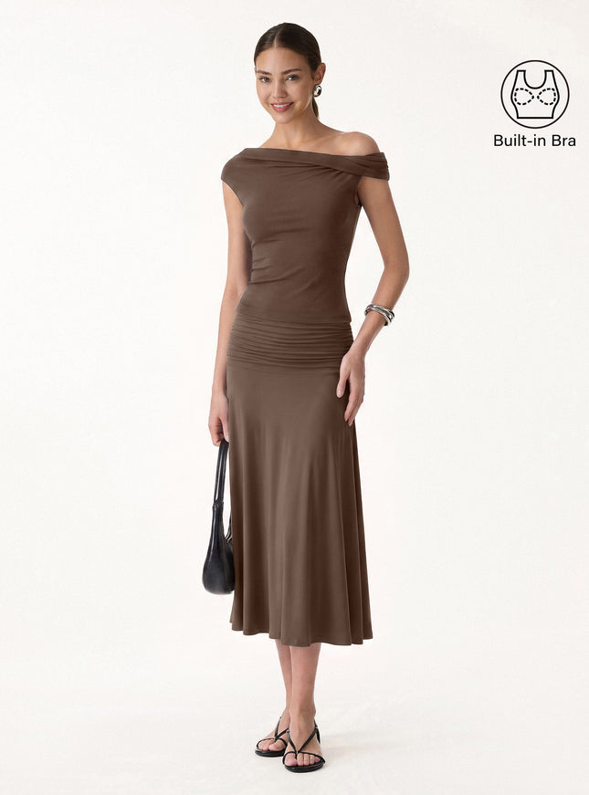 2Pcs Set Multi-wear Built-In Bra Top & Side Ruched A-line Midi Skirt