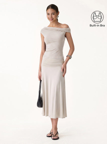 2Pcs Set Multi-wear Built-In Bra Top & Side Ruched A-line Midi Skirt