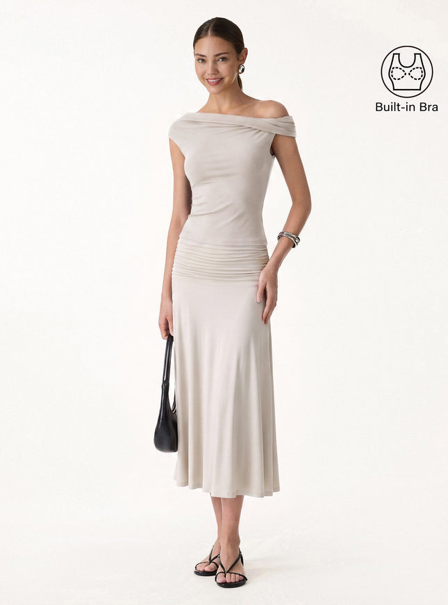 2Pcs Set Multi-wear Built-In Bra Top & Side Ruched A-line Midi Skirt
