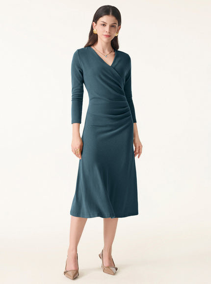 Surplice 3/4 Sleeve Side-Tuck Midi Dress