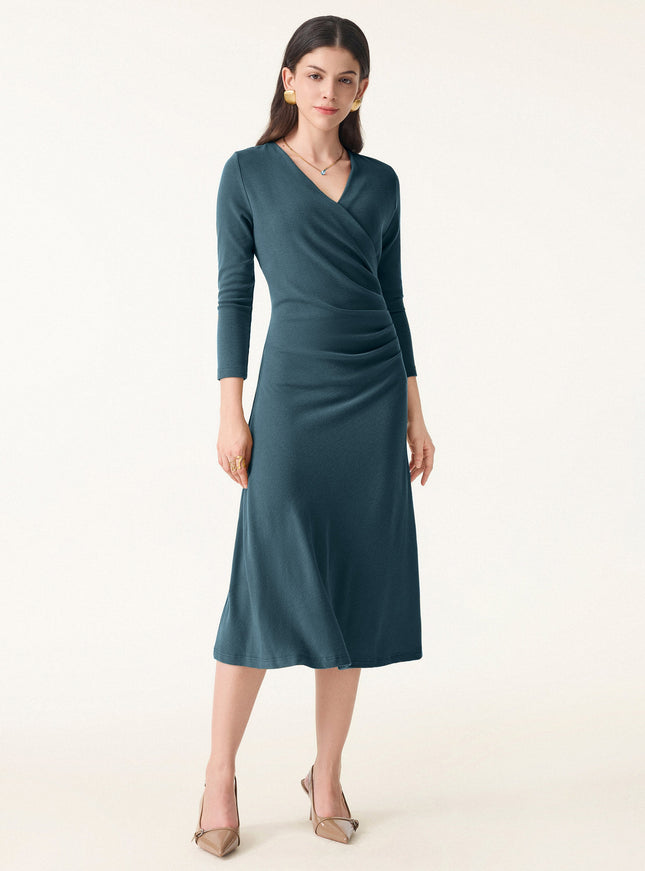 Surplice 3/4 Sleeve Side-Tuck Midi Dress