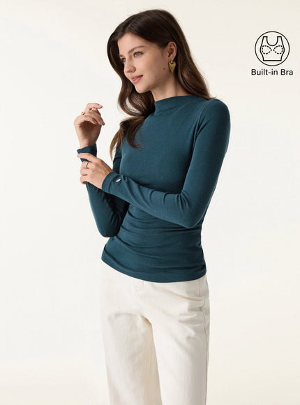 Mockneck Long Sleeve Built-In Bra Top - Forest Night