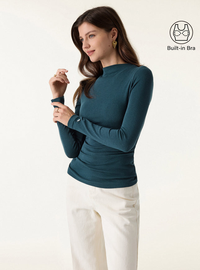 Mockneck Long Sleeve Built-In Bra Top - Forest Night