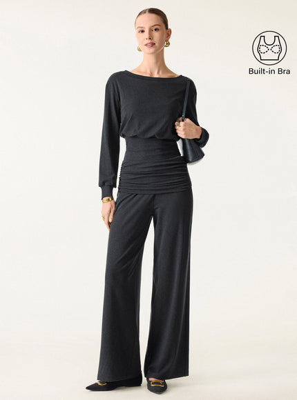 2Pcs Set Boatneck Built-In Bra & Drapey Wide Leg Pull-on Pants with Pockets
