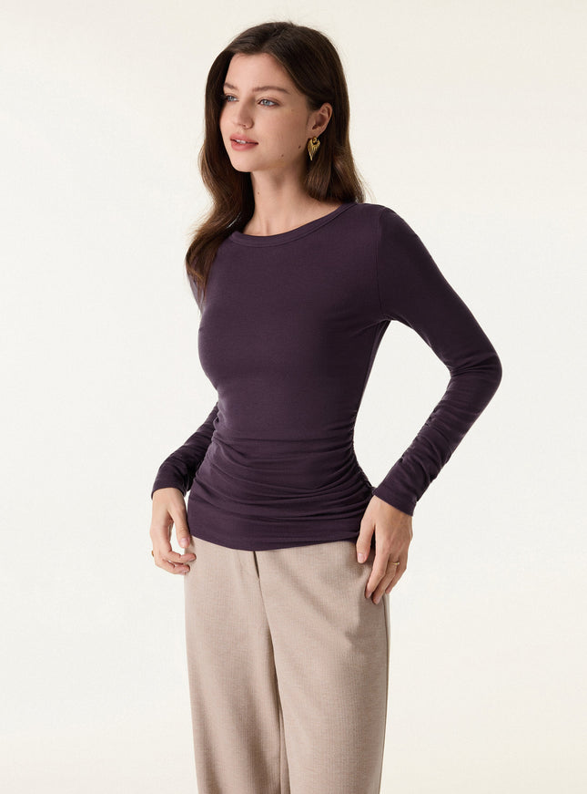 Lyocell-Wool Round Neck Long Sleeve Ruched Top