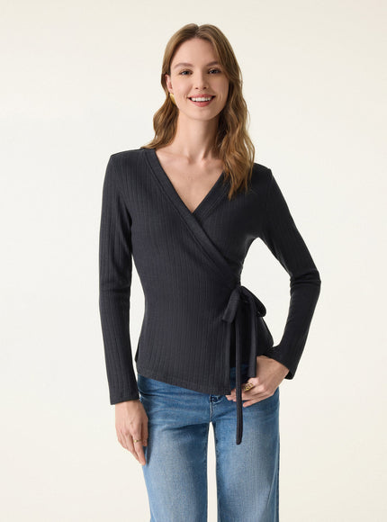 MaxWarm Wide Ribbed Crossover Long Sleeve Tie-Waist Top