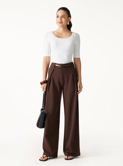 Ponte Mid-Rise Wide-Leg Tuck Pants with Pockets