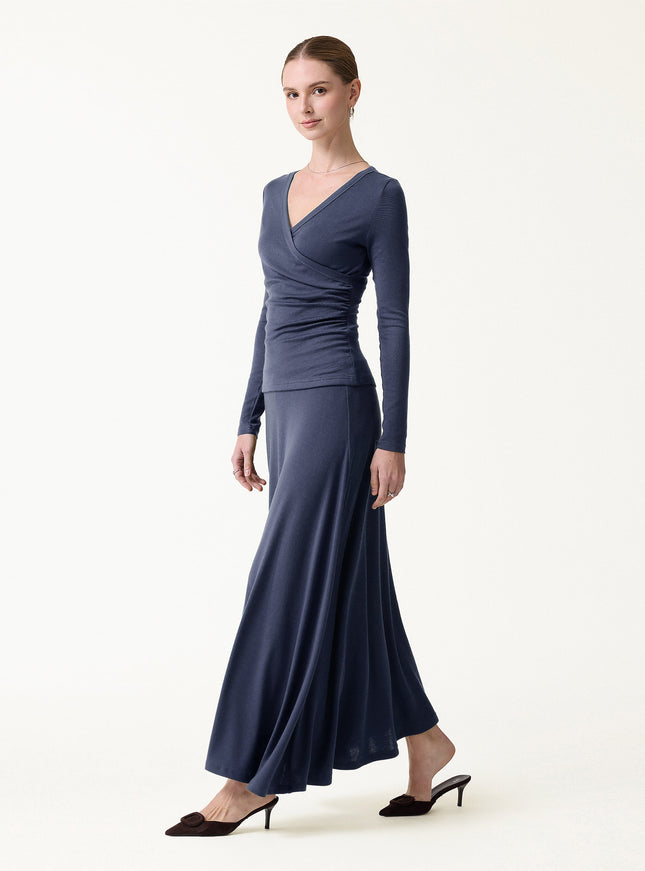 2Pcs Set Surplice Ruched Top & Blend Mid-Rise Umbrella Maxi Skirt