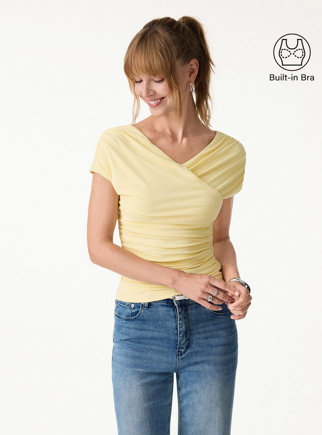 Surplice V-Neck Ruching Built-In Bra Top