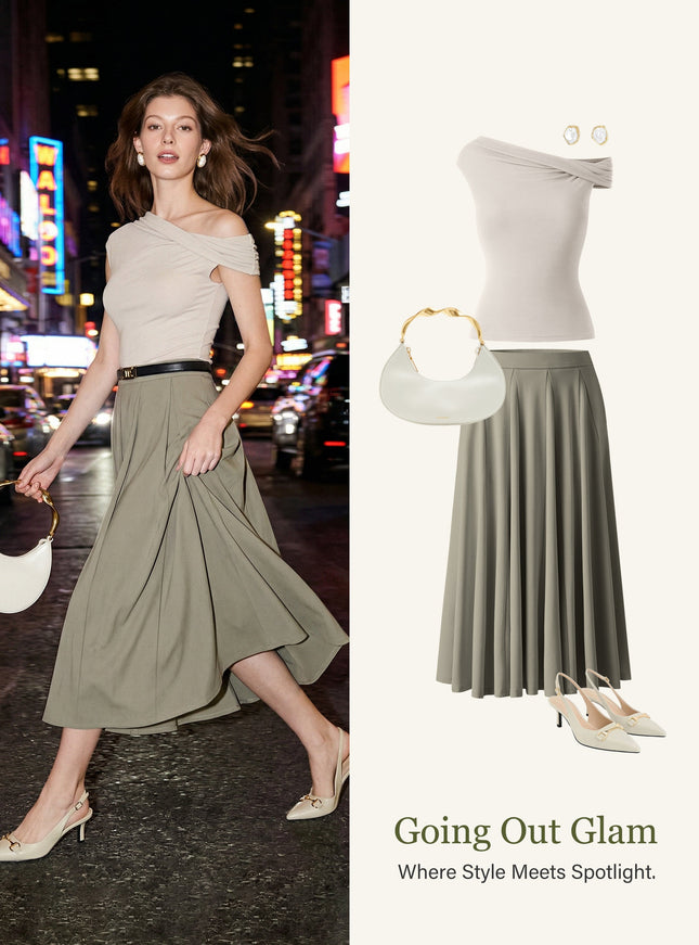 2Pcs Set Multi-wear Built-In Bra Top & Volume Skirt with Pockets