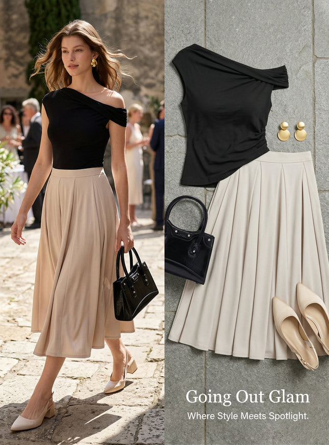 2Pcs Set Multi-wear Built-In Bra Top & Volume Skirt with Pockets