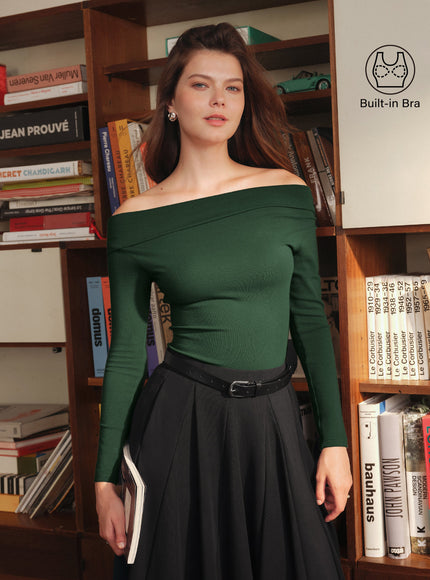 Convertible Neck Long Sleeve Built-In Bra Top