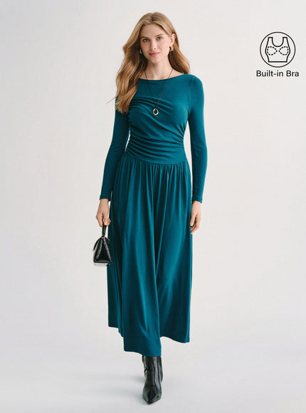 Boatneck Long Sleeve Ruched Maxi Built-In Bra Dress with Pockets