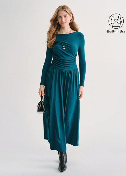 Boatneck Long Sleeve Ruched Maxi Built-In Bra Dress with Pockets
