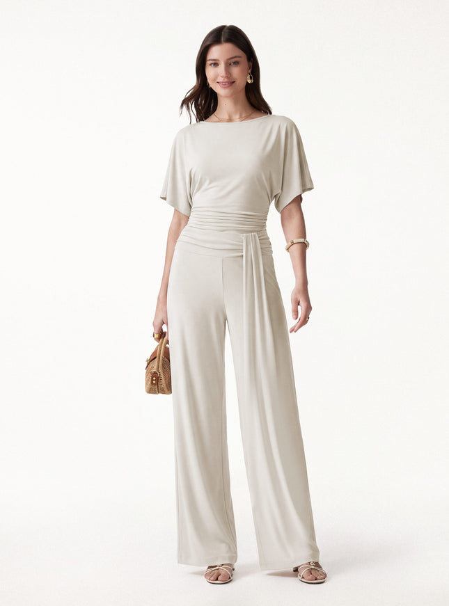 2Pcs Set Boatneck Batwing Sleeve Top & Mid-Rise Wide-Leg Lounge Pants