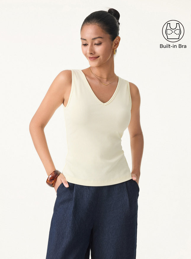 Stretch Cotton Pointelle V-neck Sleeveless Built-In Bra Tank