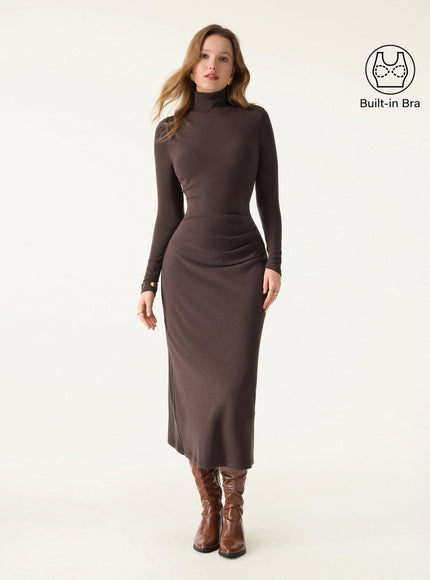 Turtleneck Tucked Midi Built-In Bra Dress