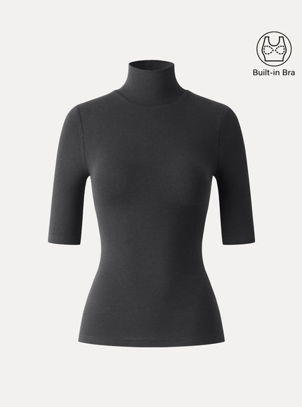 Essential Turtleneck Elbow Length Sleeve Built-In Bra Top - Midnight Navy