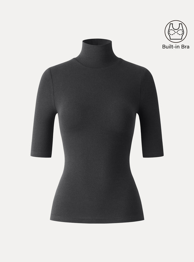 Essential Turtleneck Elbow Length Sleeve Built-In Bra Top - Midnight Navy