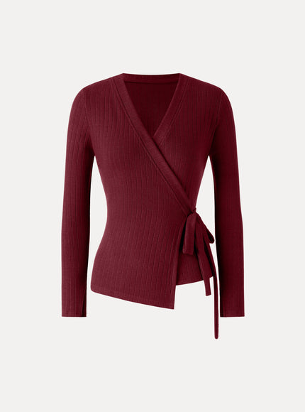 MaxWarm Wide Ribbed Crossover Long Sleeve Tie-Waist Top
