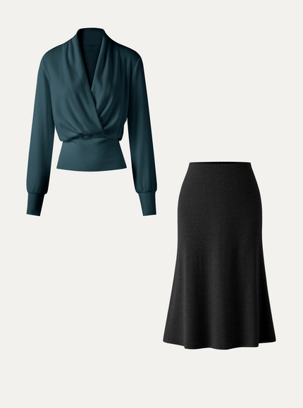 2Pcs Set Surplice Banded Hem Top & Soft Pull-On Midi Skirt