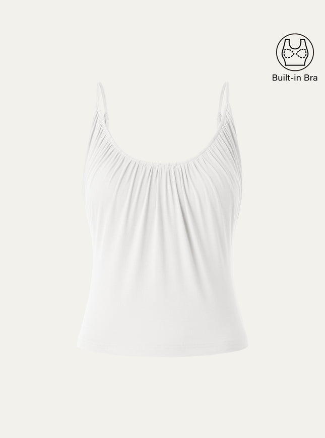Scoop Neck Gathered Spaghetti Built-In Bra Tank