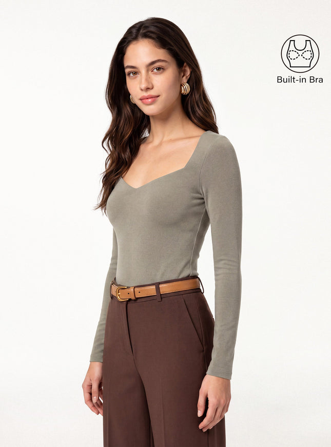 Diamond Neck Long Sleeve Built-In Bra Top