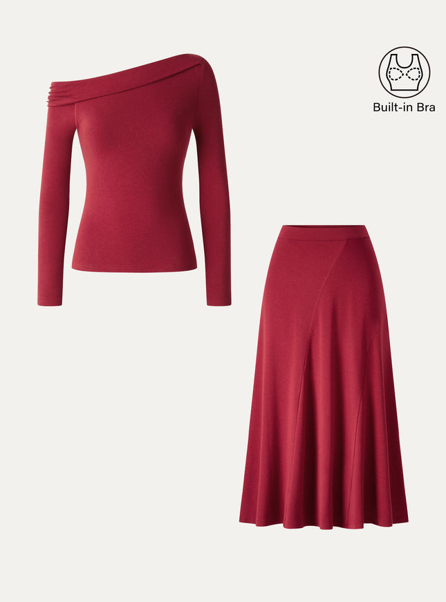 2Pcs Set Asymmetrical Built-In Bra Top & High-Rise A-Line Midi Skirt