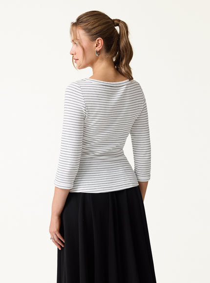 Striped Parisian Boatneck 3/4 Sleeve Built-In Bra Top
