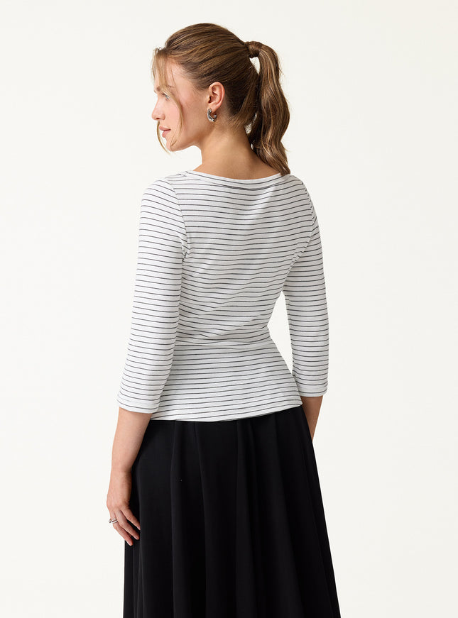 Striped Parisian Boatneck 3/4 Sleeve Built-In Bra Top