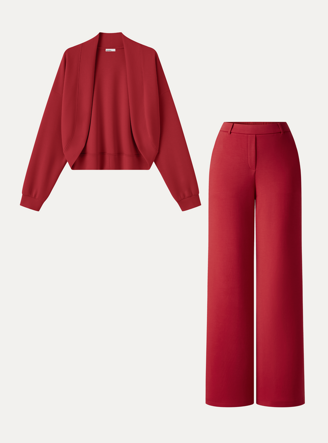 2Pcs Set Long Sleeve Shrug Cardigan & High-Rise Wide Leg Pants with Pockets
